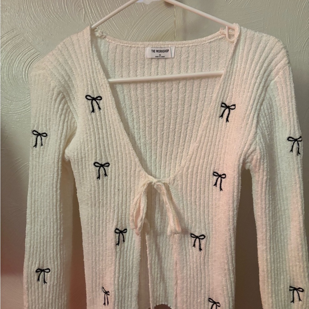 Workshop Republic Clothing Cream Cardigan with Black Bow Details